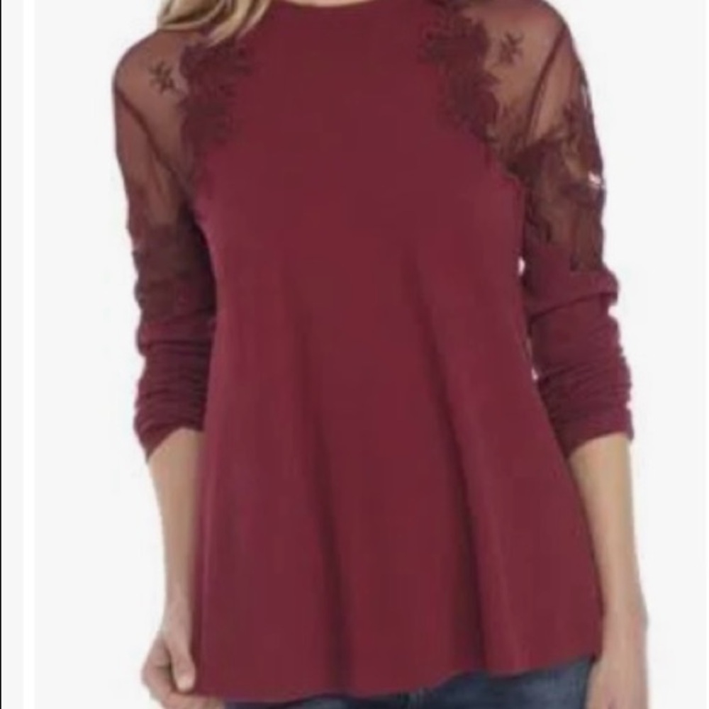 Free people long sleeve lace shoulder top. Wine color NWT